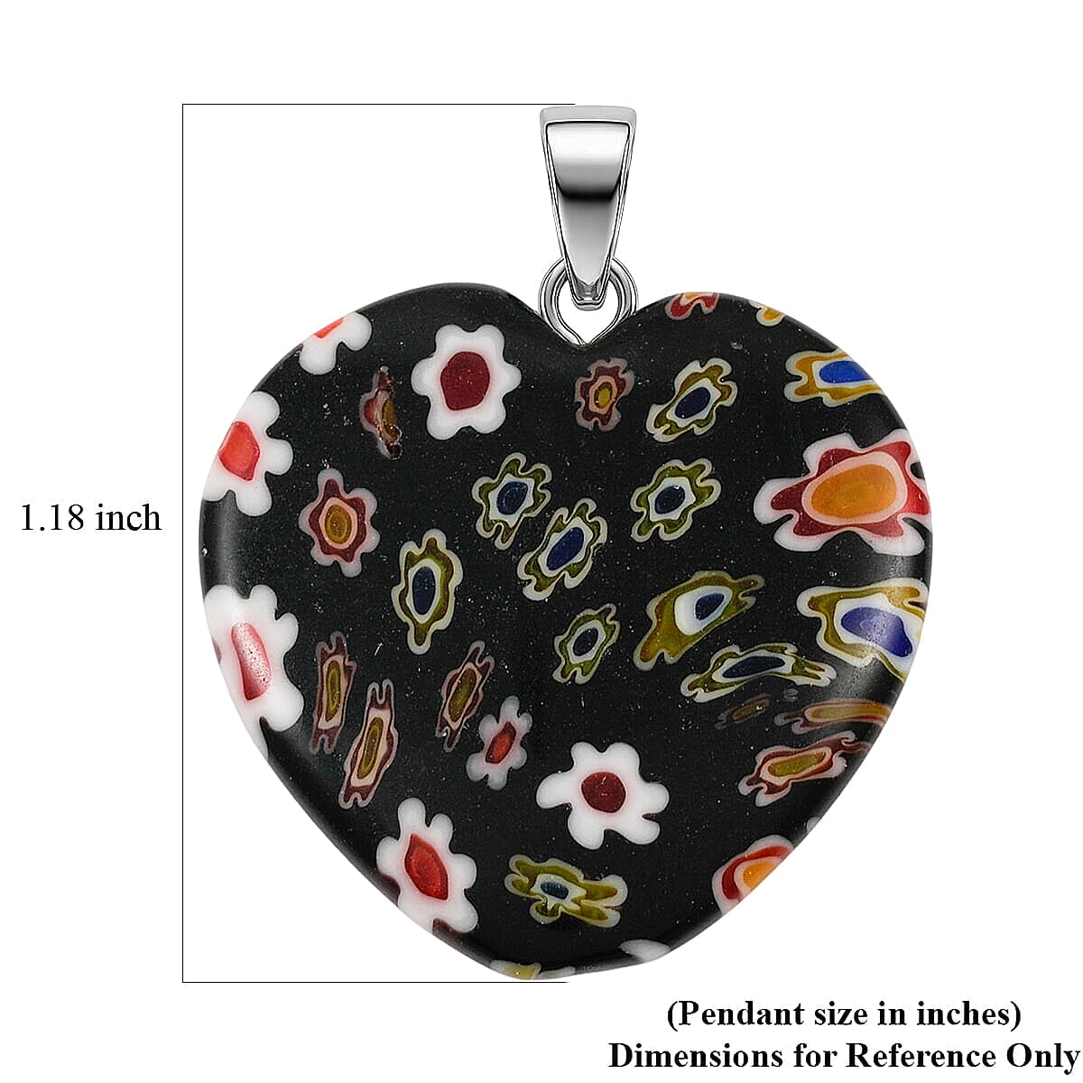 Black Rainbow Murano Style Heart Pendant in Silvertone with Stainless Steel Necklace (20 Inches)