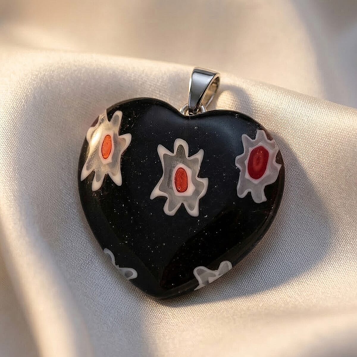 Black Murano Style Heart Pendant in Silvertone with Stainless Steel Necklace (20 Inches) image number 1