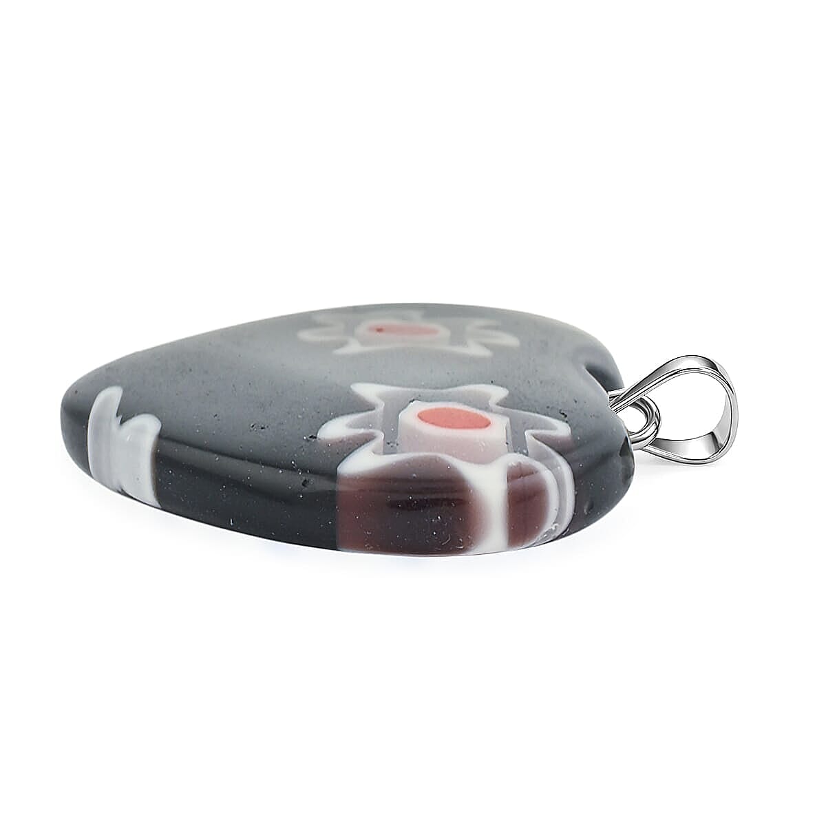 Black Murano Style Heart Pendant in Silvertone with Stainless Steel Necklace (20 Inches)
