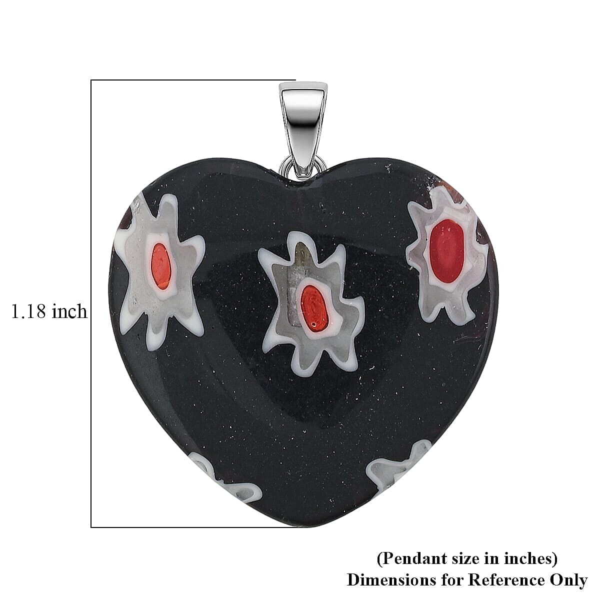 Black Murano Style Heart Pendant in Silvertone with Stainless Steel Necklace (20 Inches)