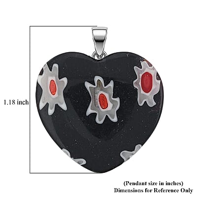 Black Murano Style Heart Pendant in Silvertone with Stainless Steel Necklace (20 Inches)