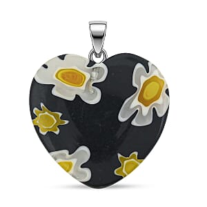 Black Murano Style Heart Pendant in Silvertone with Stainless Steel Necklace (20 Inches)
