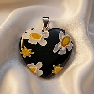 Black Murano Style Heart Pendant in Silvertone with Stainless Steel Necklace (20 Inches)