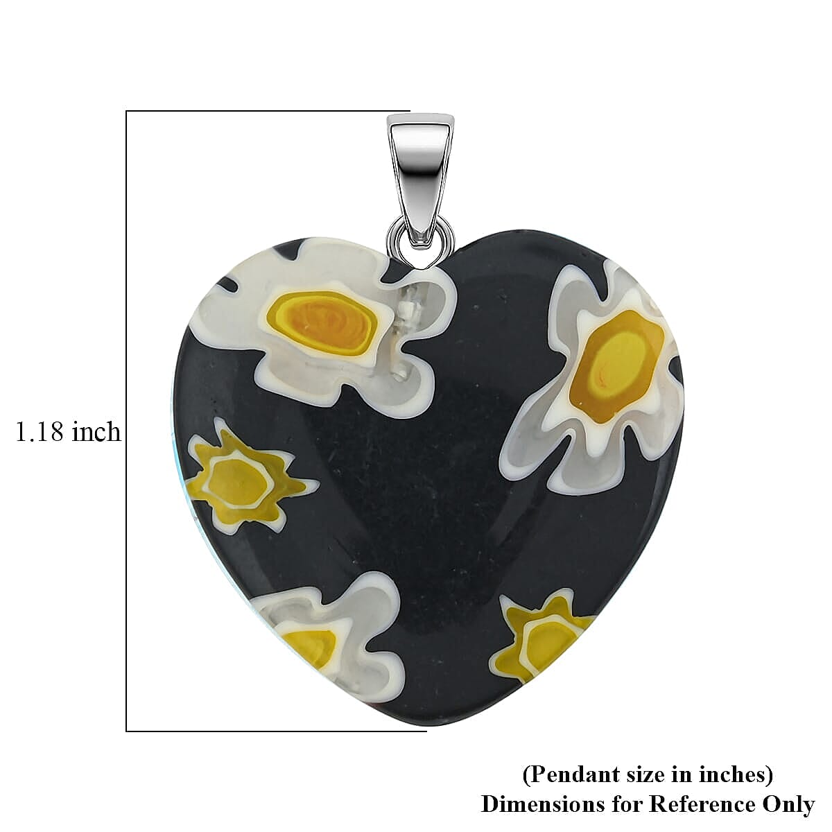 Black Murano Style Heart Pendant in Silvertone with Stainless Steel Necklace (20 Inches) image number 4
