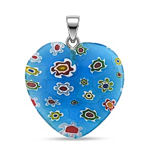 Blue Murano Style Heart Pendant in Silvertone with Stainless Steel Necklace (20 Inches)