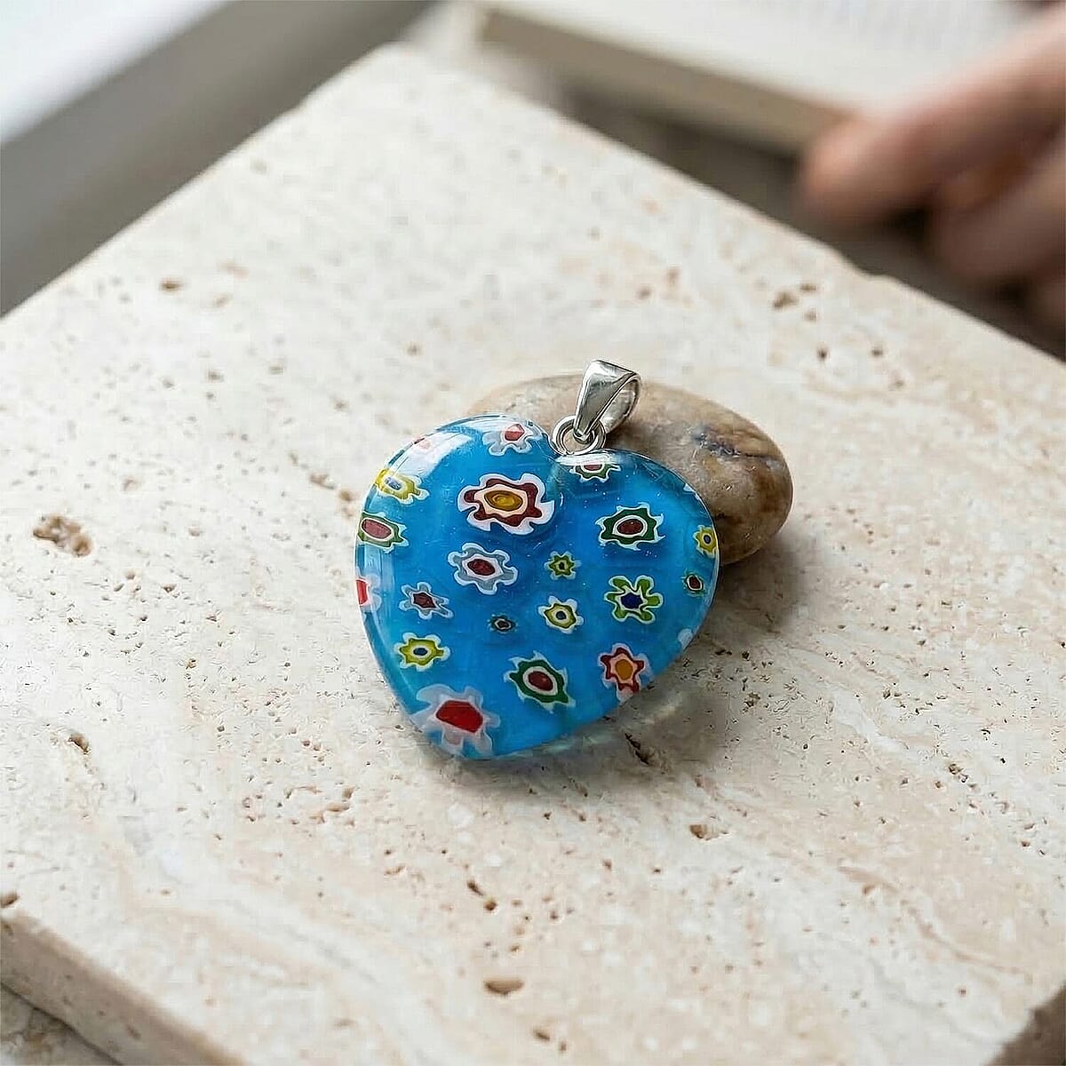 Blue Murano Style Heart Pendant in Silvertone with Stainless Steel Necklace (20 Inches) image number 1