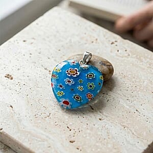 Blue Murano Style Heart Pendant in Silvertone with Stainless Steel Necklace (20 Inches)