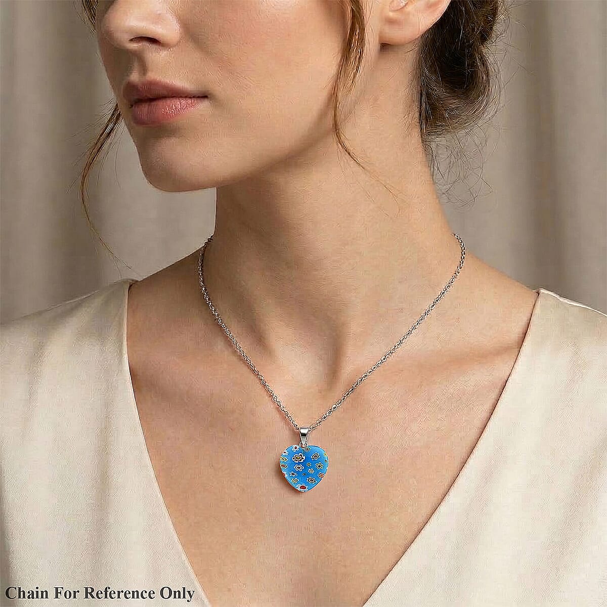 Blue Murano Style Heart Pendant in Silvertone with Stainless Steel Necklace (20 Inches) image number 2