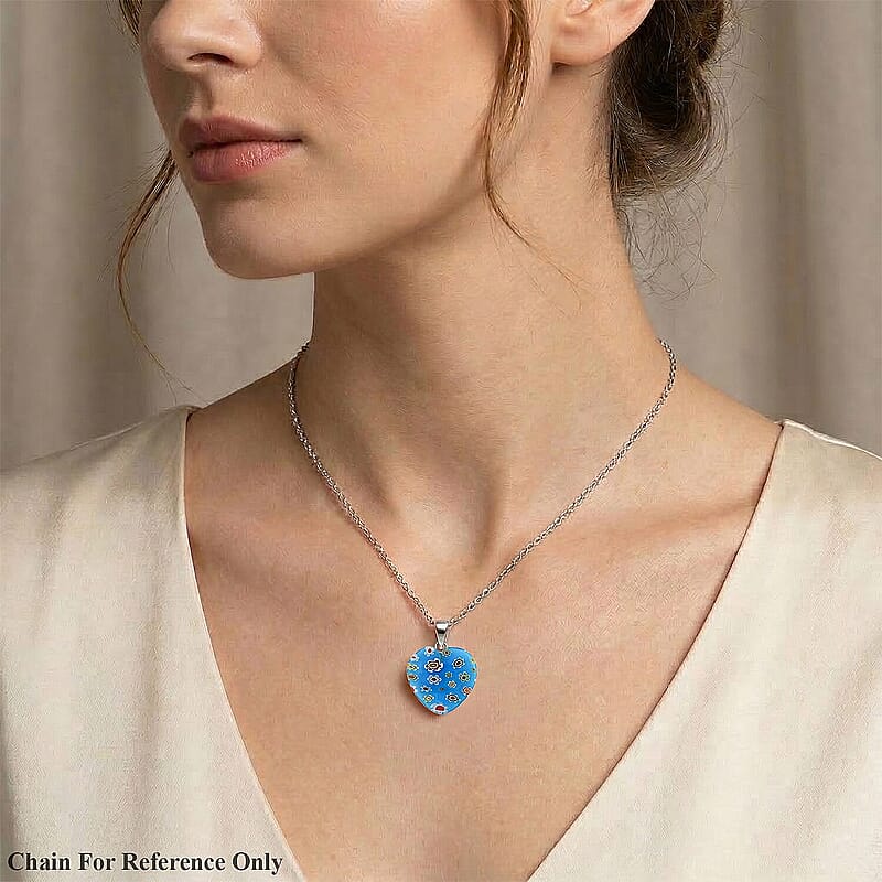 Blue Murano Style Heart Pendant in Silvertone with Stainless Steel Necklace (20 Inches)
