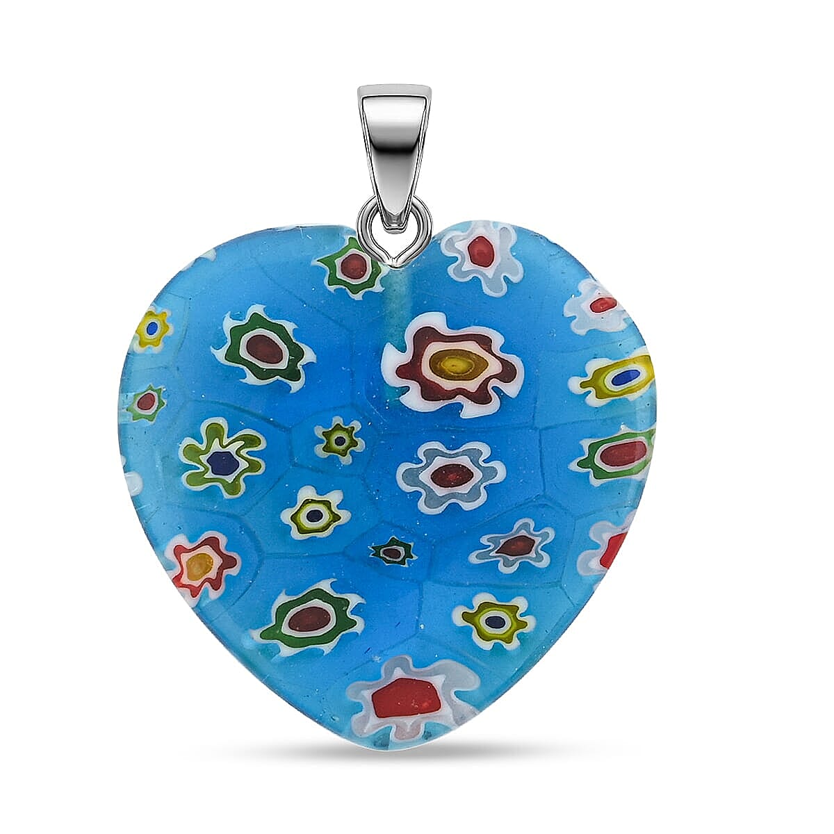 Blue Murano Style Heart Pendant in Silvertone with Stainless Steel Necklace (20 Inches) image number 4