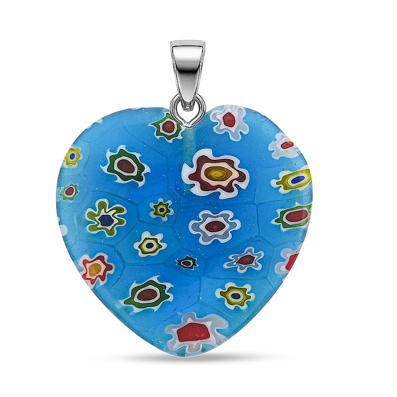 Blue Murano Style Heart Pendant in Silvertone with Stainless Steel Necklace (20 Inches)