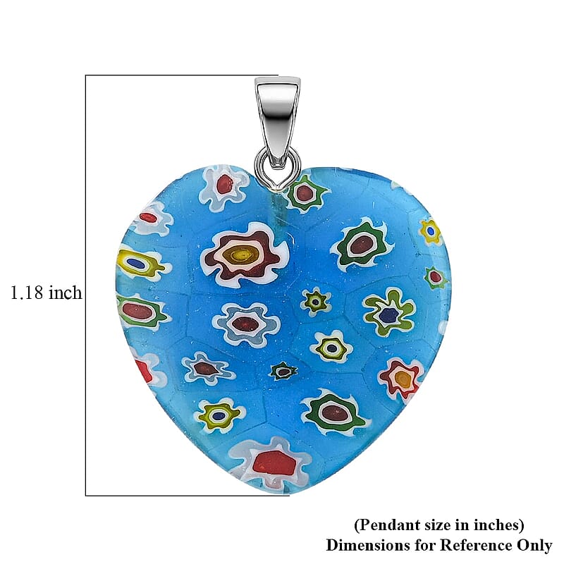 Blue Murano Style Heart Pendant in Silvertone with Stainless Steel Necklace (20 Inches)