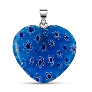 Blue Murano Style Heart Pendant in Silvertone with Stainless Steel Necklace (20 Inches)