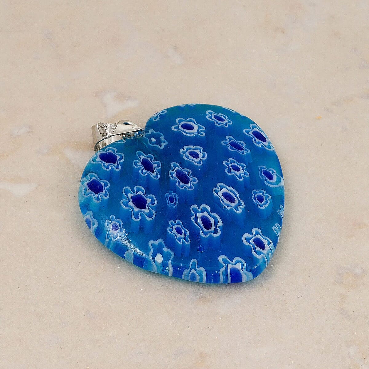 Blue Murano Style Heart Pendant in Silvertone with Stainless Steel Necklace (20 Inches) image number 1