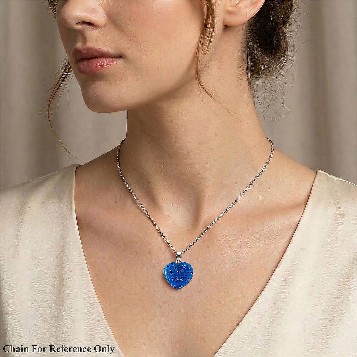 Blue Murano Style Heart Pendant in Silvertone with Stainless Steel Necklace (20 Inches) image number 2