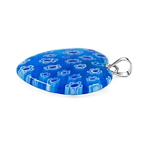 Blue Murano Style Heart Pendant in Silvertone with Stainless Steel Necklace (20 Inches)