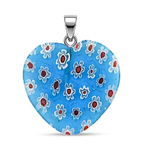 Blue Murano Style Heart Pendant in Silvertone with Stainless Steel Necklace (20 Inches)