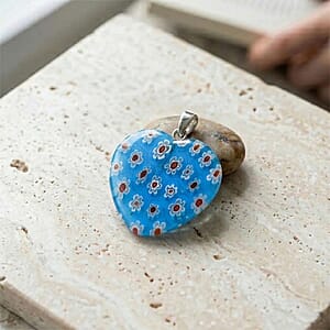 Blue Murano Style Heart Pendant in Silvertone with Stainless Steel Necklace (20 Inches)