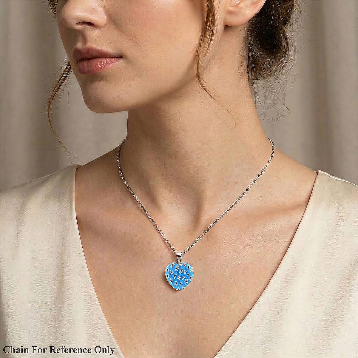 Blue Murano Style Heart Pendant in Silvertone with Stainless Steel Necklace (20 Inches) image number 2