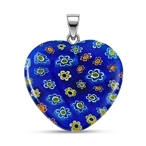 Dark Blue Rainbow Murano Style Heart Pendant in Silvertone with Stainless Steel Necklace (20 Inches)