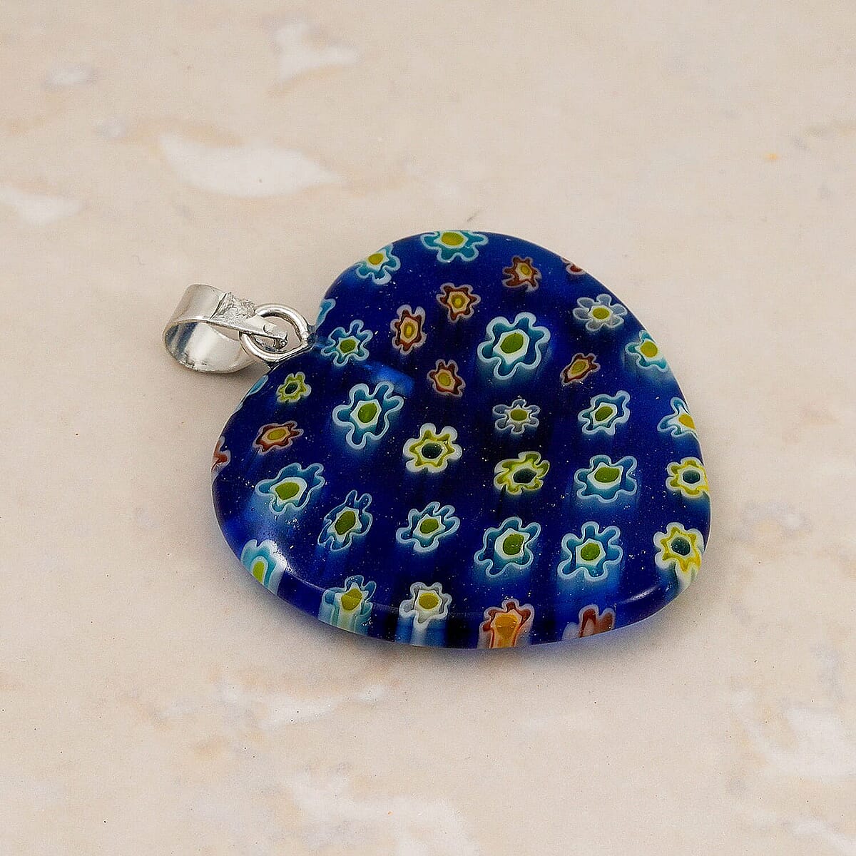 Dark Blue Rainbow Murano Style Heart Pendant in Silvertone with Stainless Steel Necklace (20 Inches) image number 1