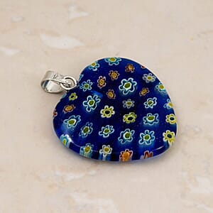 Dark Blue Rainbow Murano Style Heart Pendant in Silvertone with Stainless Steel Necklace (20 Inches)