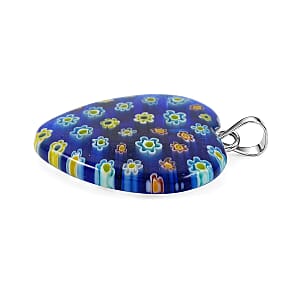 Dark Blue Rainbow Murano Style Heart Pendant in Silvertone with Stainless Steel Necklace (20 Inches)