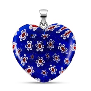 Dark Blue Murano Style Heart Pendant in Silvertone with Stainless Steel Necklace (20 Inches)