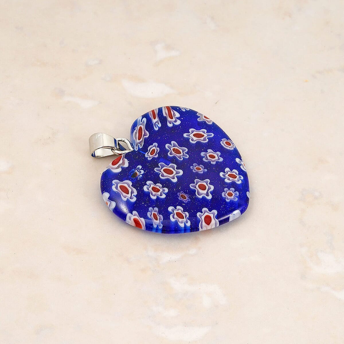 Dark Blue Murano Style Heart Pendant in Silvertone with Stainless Steel Necklace (20 Inches) image number 1