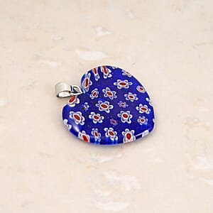 Dark Blue Murano Style Heart Pendant in Silvertone with Stainless Steel Necklace (20 Inches)