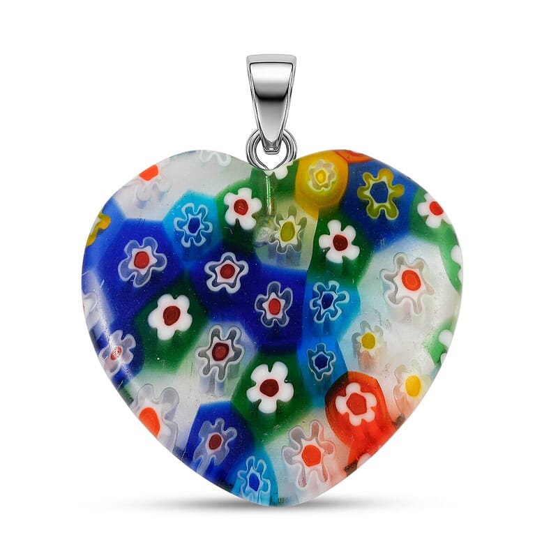 Clear Rainbow Murano Style Heart Pendant in Silvertone with Stainless Steel Necklace (20 Inches)