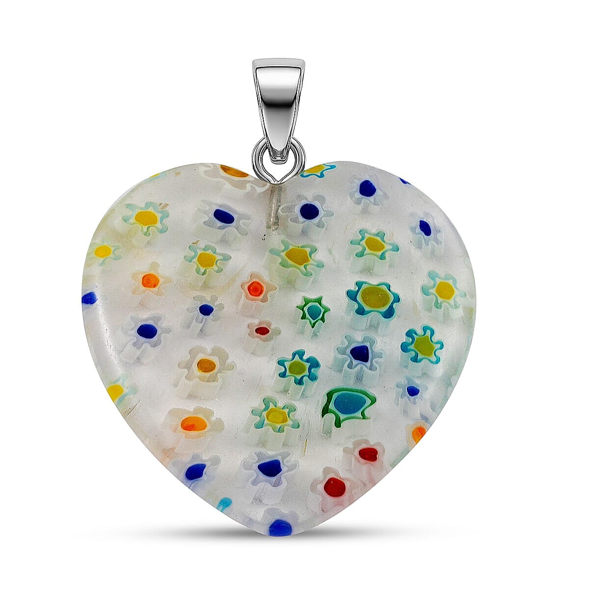 Clear Rainbow Murano Style Heart Pendant in Silvertone with Stainless Steel Necklace (20 Inches)