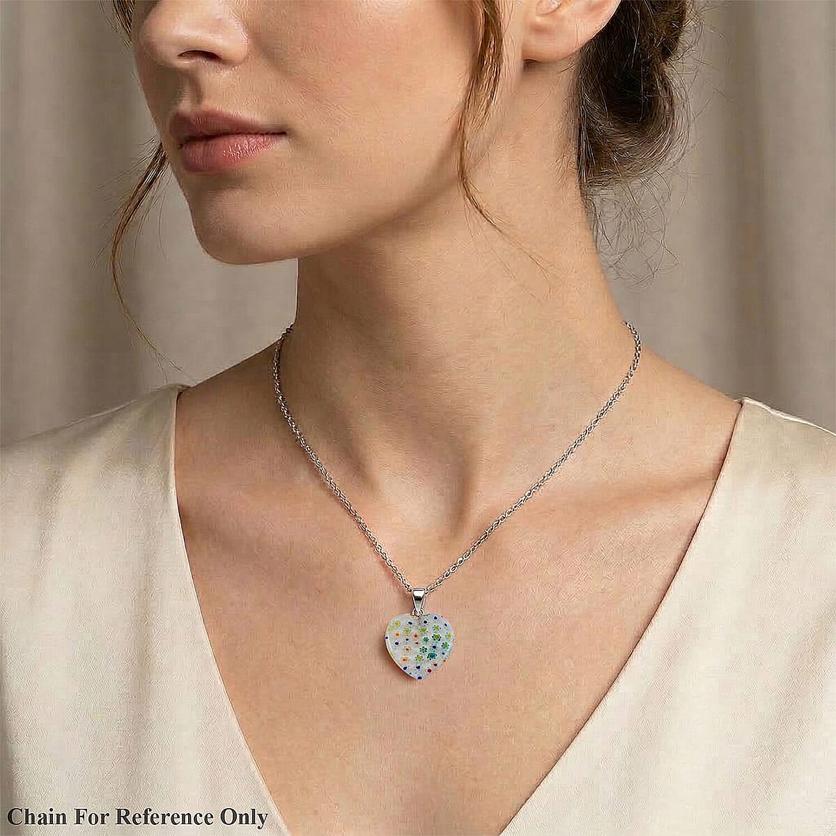 Clear Rainbow Murano Style Heart Pendant in Silvertone with Stainless Steel Necklace (20 Inches) image number 2