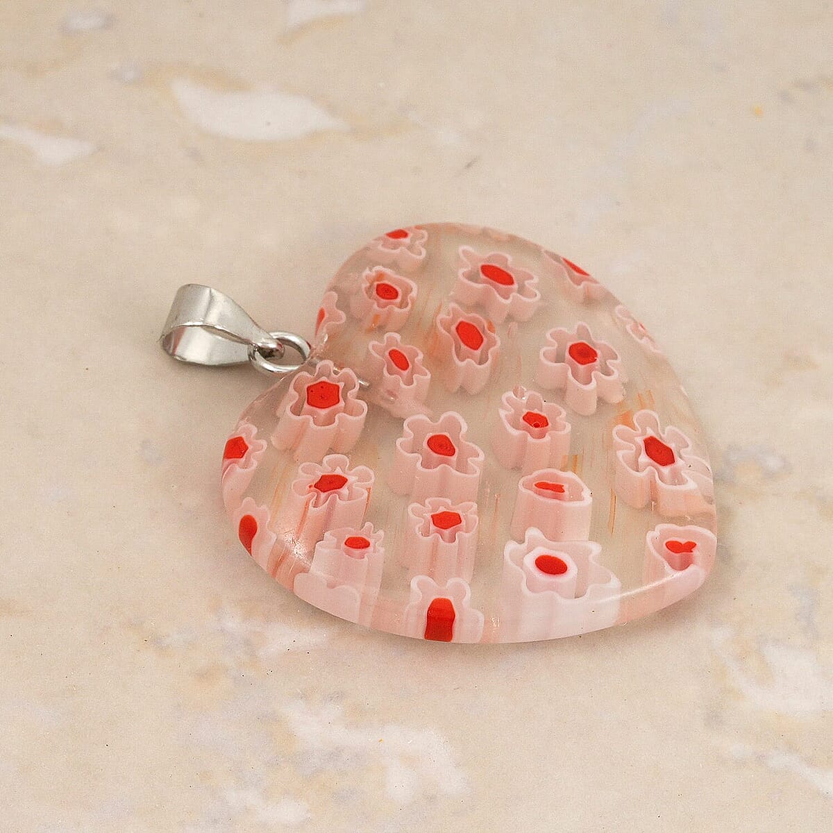 Clear Red Murano Style Heart Pendant in Silvertone with Stainless Steel Necklace (20 Inches) image number 1