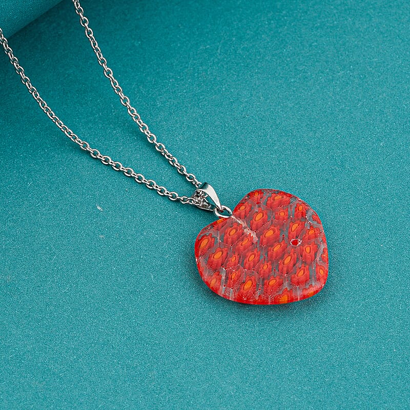 Clear Red Murano Style Heart Pendant in Silvertone with Stainless Steel Necklace (20 Inches)