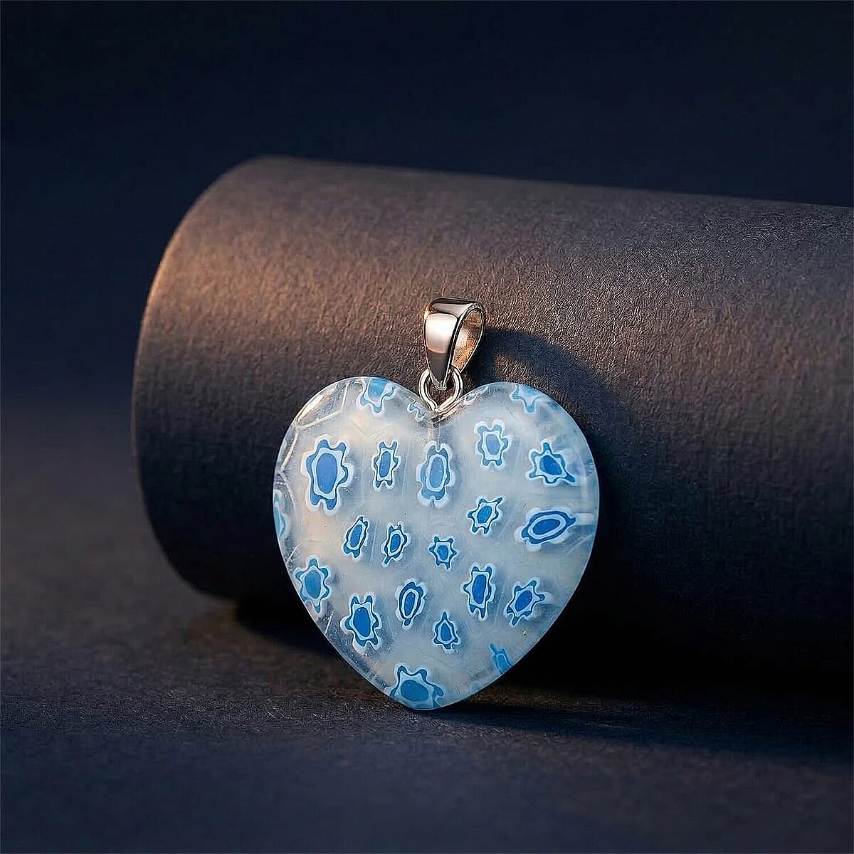 Clear Blue Murano Style Heart Pendant in Silvertone with Stainless Steel Necklace (20 Inches) image number 1