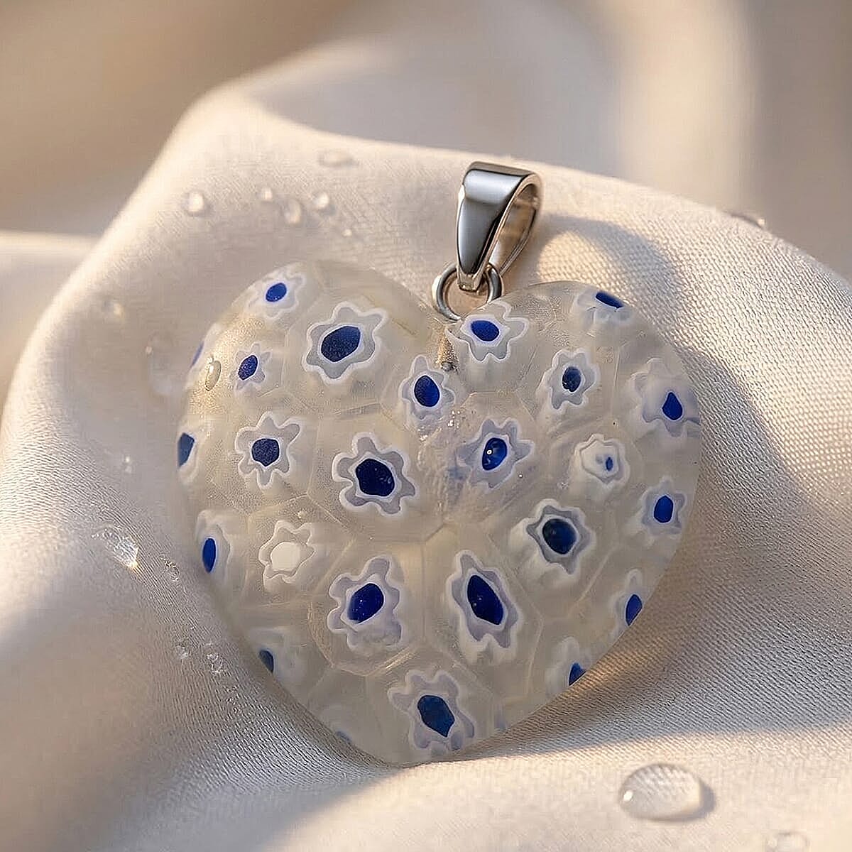 Clear Dark Blue Murano Style Heart Pendant in Silvertone with Stainless Steel Necklace (20 Inches) image number 1
