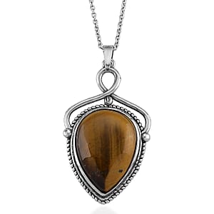 Yellow Tigers Eye 25.00 ctw Pendant in Silvertone with Stainless Steel Necklace 20 Inches
