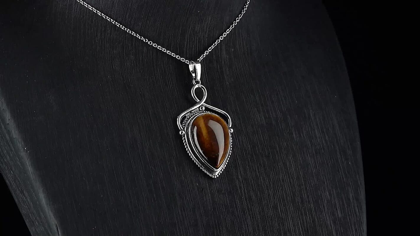Yellow Tigers Eye 25.00 ctw Pendant in Silvertone with Stainless Steel Necklace 20 Inches
