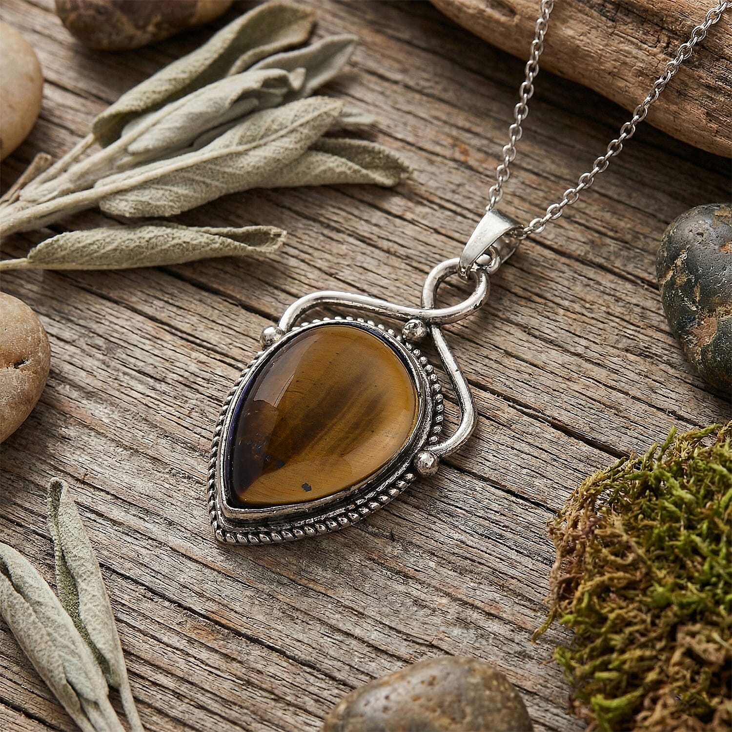 Yellow Tigers Eye 25.00 ctw Pendant in Silvertone with Stainless Steel Necklace 20 Inches