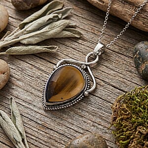 Yellow Tigers Eye 25.00 ctw Pendant in Silvertone with Stainless Steel Necklace 20 Inches