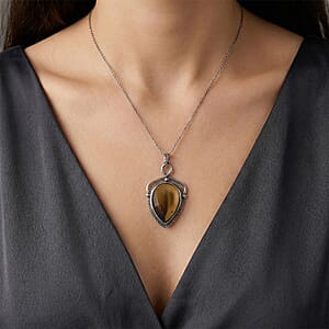 Yellow Tigers Eye 25.00 ctw Pendant in Silvertone with Stainless Steel Necklace 20 Inches