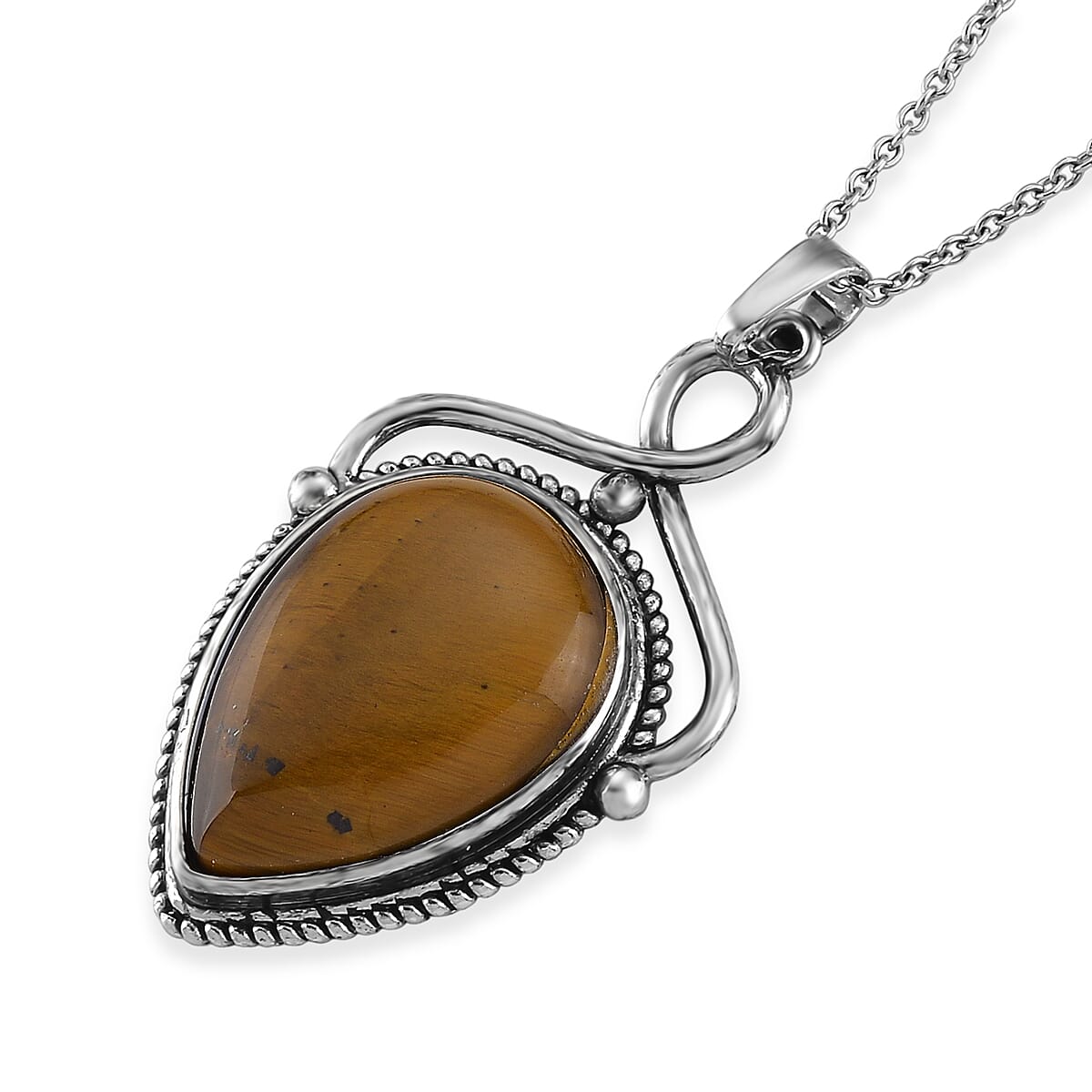 Yellow Tigers Eye 25.00 ctw Pendant in Silvertone with Stainless Steel Necklace 20 Inches image number 3
