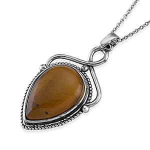 Yellow Tigers Eye 25.00 ctw Pendant in Silvertone with Stainless Steel Necklace 20 Inches