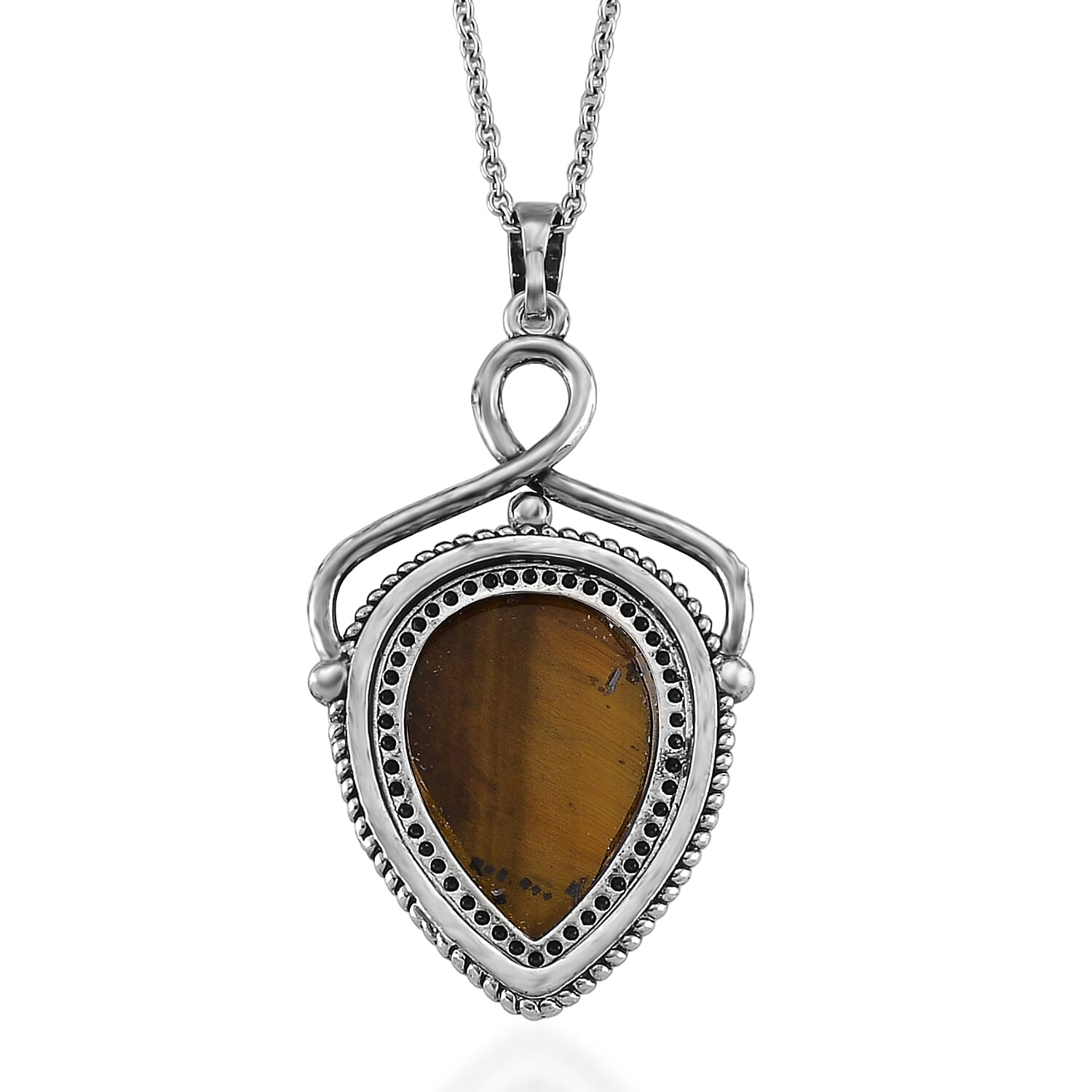 Yellow Tigers Eye 25.00 ctw Pendant in Silvertone with Stainless Steel Necklace 20 Inches