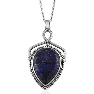 Lapis Lazuli 25.00 ctw Pendant in Silvertone with Stainless Steel Necklace 20 Inches