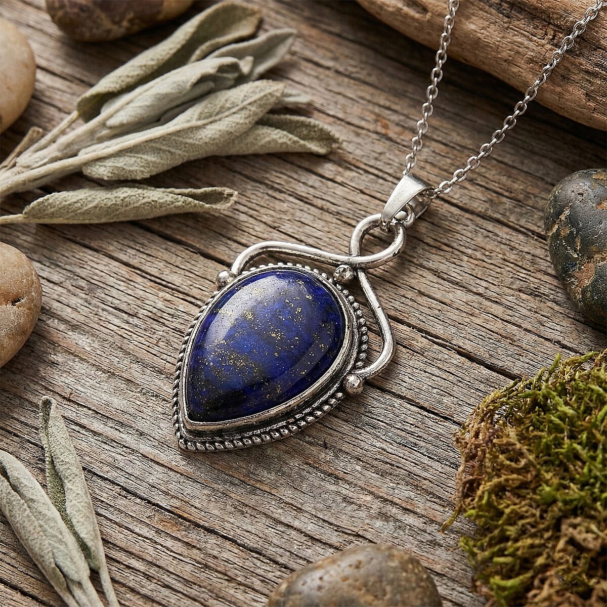 Lapis Lazuli 25.00 ctw Pendant in Silvertone with Stainless Steel Necklace 20 Inches image number 1