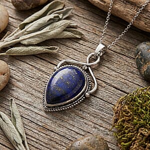 Lapis Lazuli 25.00 ctw Pendant in Silvertone with Stainless Steel Necklace 20 Inches