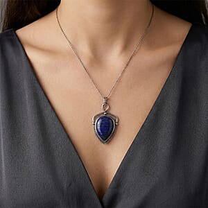 Lapis Lazuli 25.00 ctw Pendant in Silvertone with Stainless Steel Necklace 20 Inches