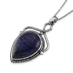 Lapis Lazuli 25.00 ctw Pendant in Silvertone with Stainless Steel Necklace 20 Inches